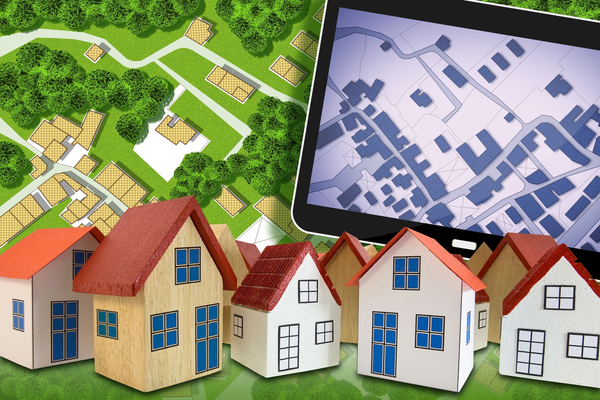 Real Estate concept with group of different model houses, imaginary cadastre of territory with public park and green areas, digital tablet with cadastral map